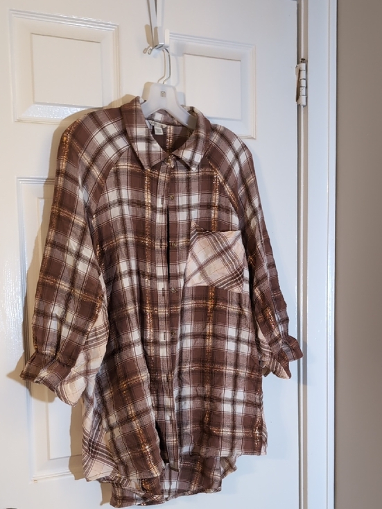 Cato Tops - Cato Brown and Cream Plaid Button-Up Top with Metallic Thread